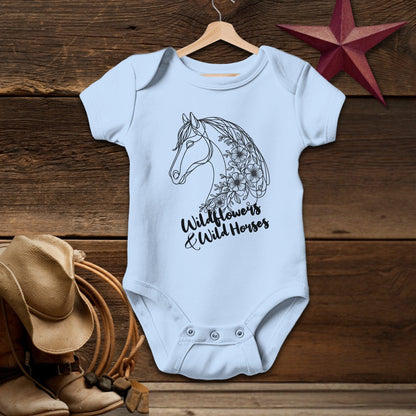 Baby Shirts Bodysuit Short Sleeve / Light Blue / Newborn Wildflowers And Wild Horses - Baby Shirt