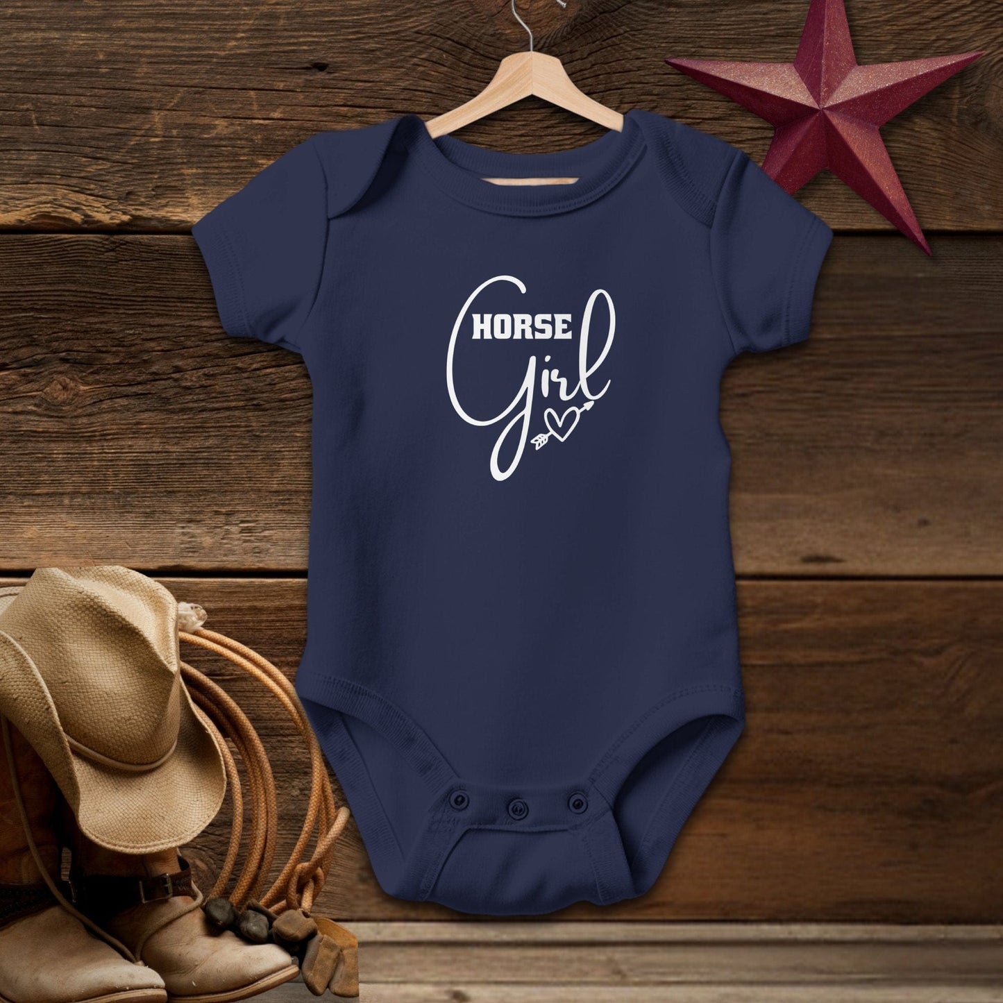 Baby Shirts Bodysuit Short Sleeve / Navy / Newborn Horse Girl with Arrow Heart Shirt