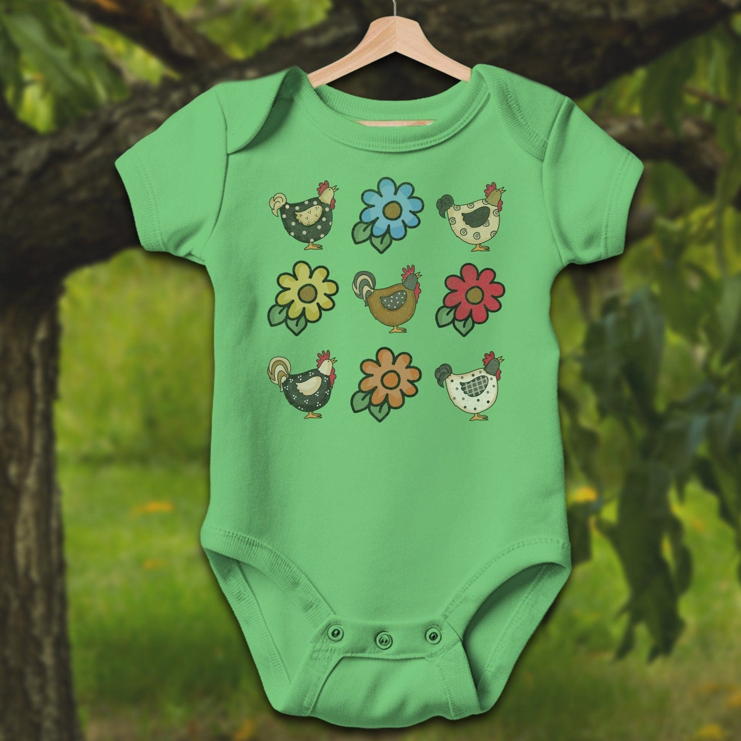 Baby Shirts Bodysuit Short Sleeve / Newborn / Apple Chickens and Flowers - Baby Shirt