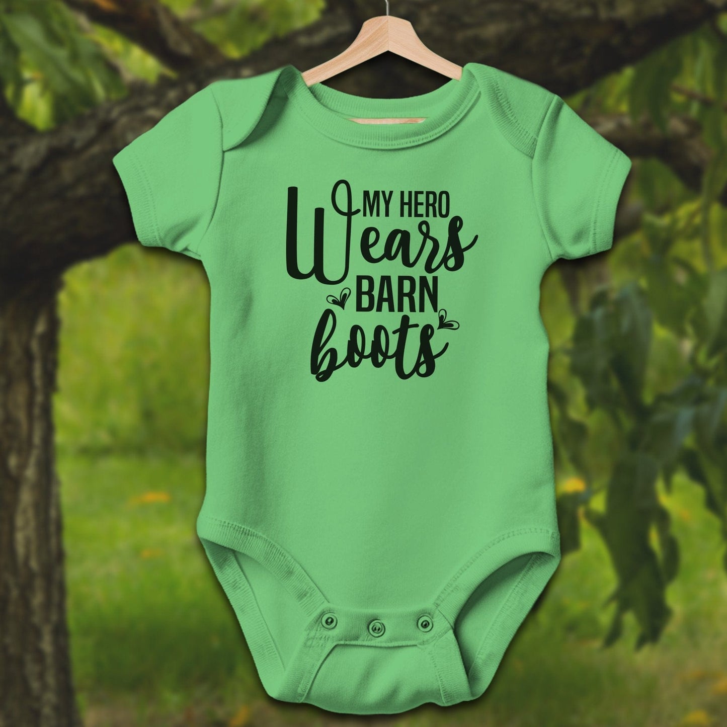 Baby Shirts Bodysuit Short Sleeve / Newborn / Apple My Hero Wears Barn Boots - Baby Shirt