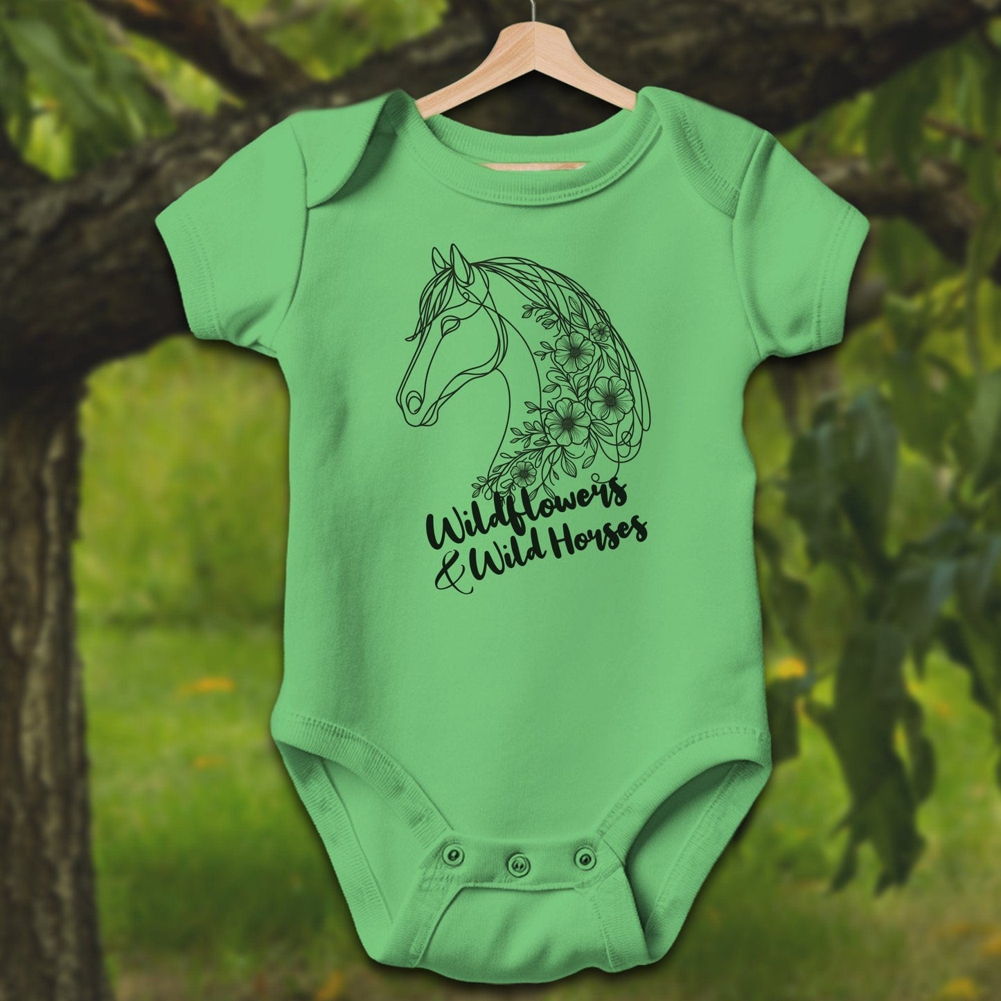 Baby Shirts Bodysuit Short Sleeve / Newborn / Apple Wildflowers And Wild Horses - Baby Shirt