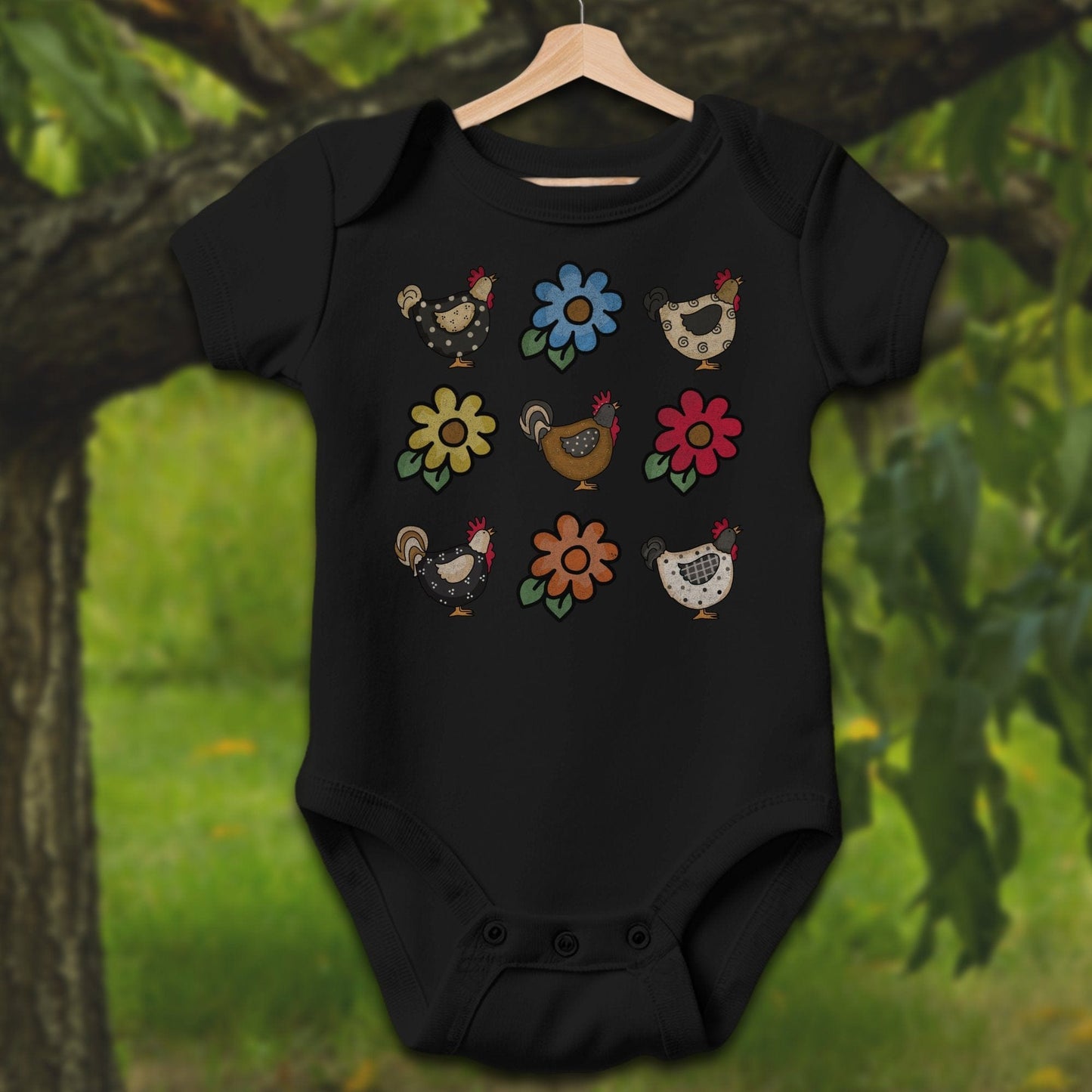 Baby Shirts Bodysuit Short Sleeve / Newborn / Black Chickens and Flowers - Baby Shirt