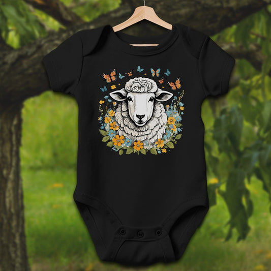 Baby Shirts Bodysuit Short Sleeve / Newborn / Black Whimsical Sheep - Baby Shirt