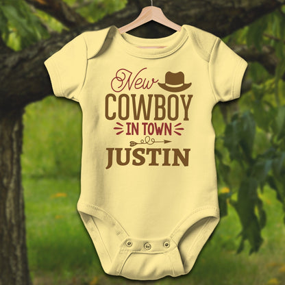 Baby Shirts Bodysuit Short Sleeve / Newborn / Butter Personalized New Cowboy In Town - Baby Shirt