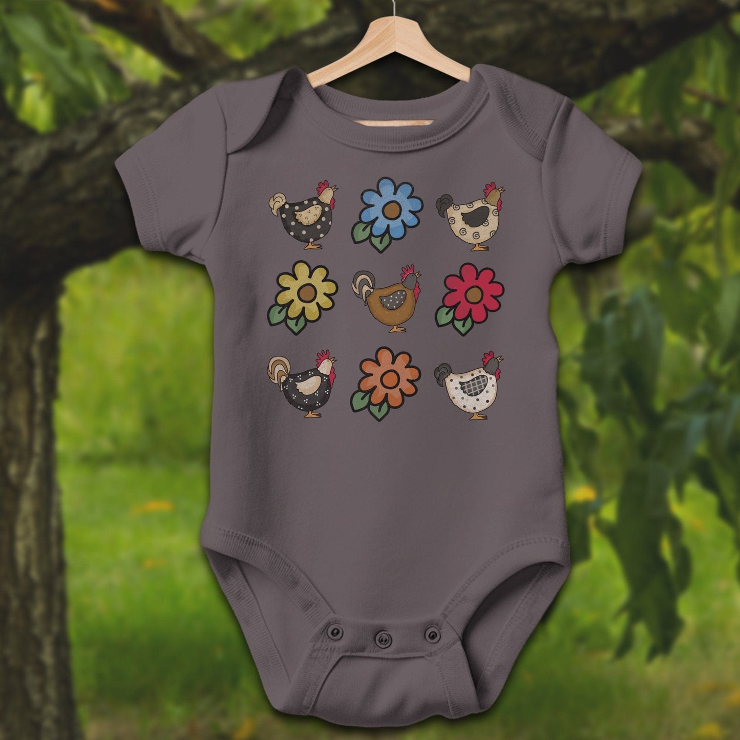 Baby Shirts Bodysuit Short Sleeve / Newborn / Charcoal Chickens and Flowers - Baby Shirt