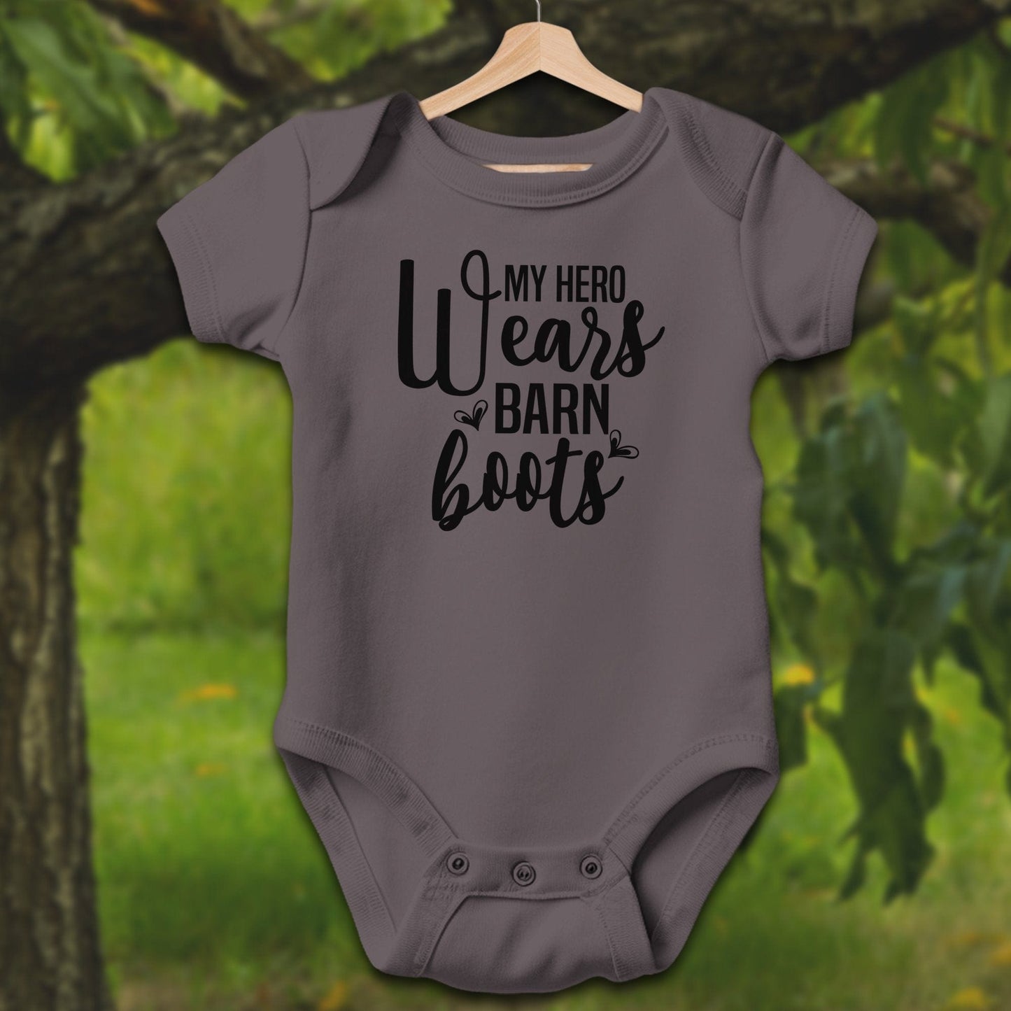 Baby Shirts Bodysuit Short Sleeve / Newborn / Charcoal My Hero Wears Barn Boots - Baby Shirt