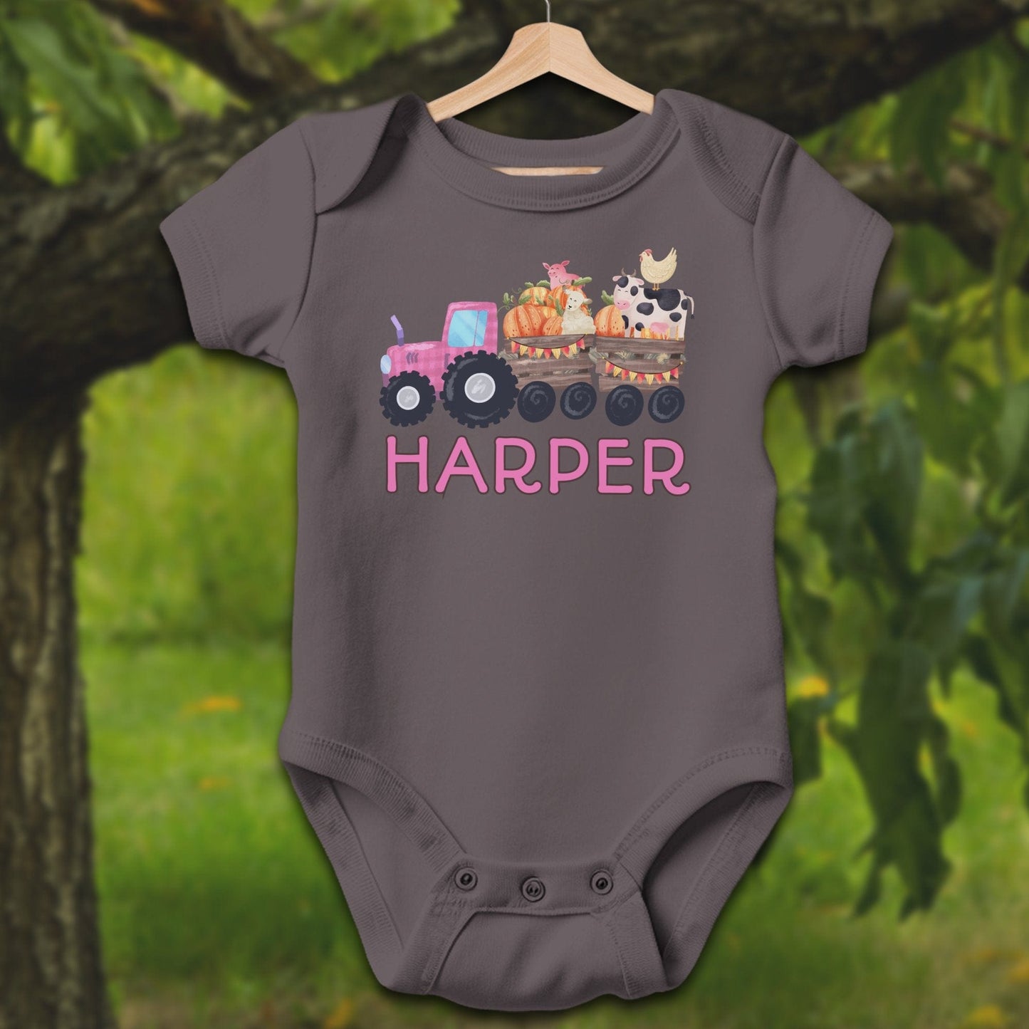 Baby Shirts Bodysuit Short Sleeve / Newborn / Charcoal Personalized Cute Pink Tractor - Baby Shirt