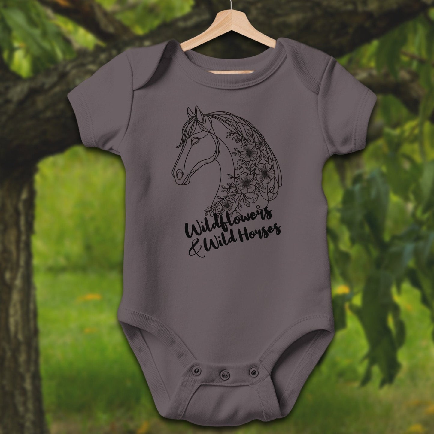 Baby Shirts Bodysuit Short Sleeve / Newborn / Charcoal Wildflowers And Wild Horses - Baby Shirt