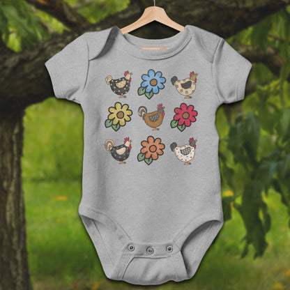 Baby Shirts Bodysuit Short Sleeve / Newborn / Heather Chickens and Flowers - Baby Shirt