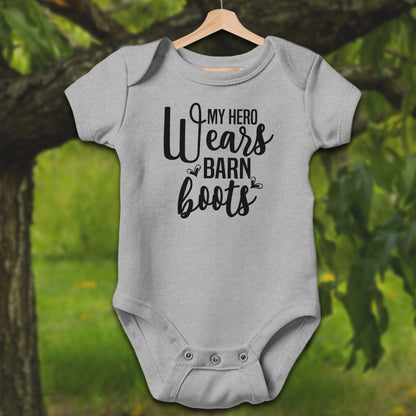 Baby Shirts Bodysuit Short Sleeve / Newborn / Heather My Hero Wears Barn Boots - Baby Shirt