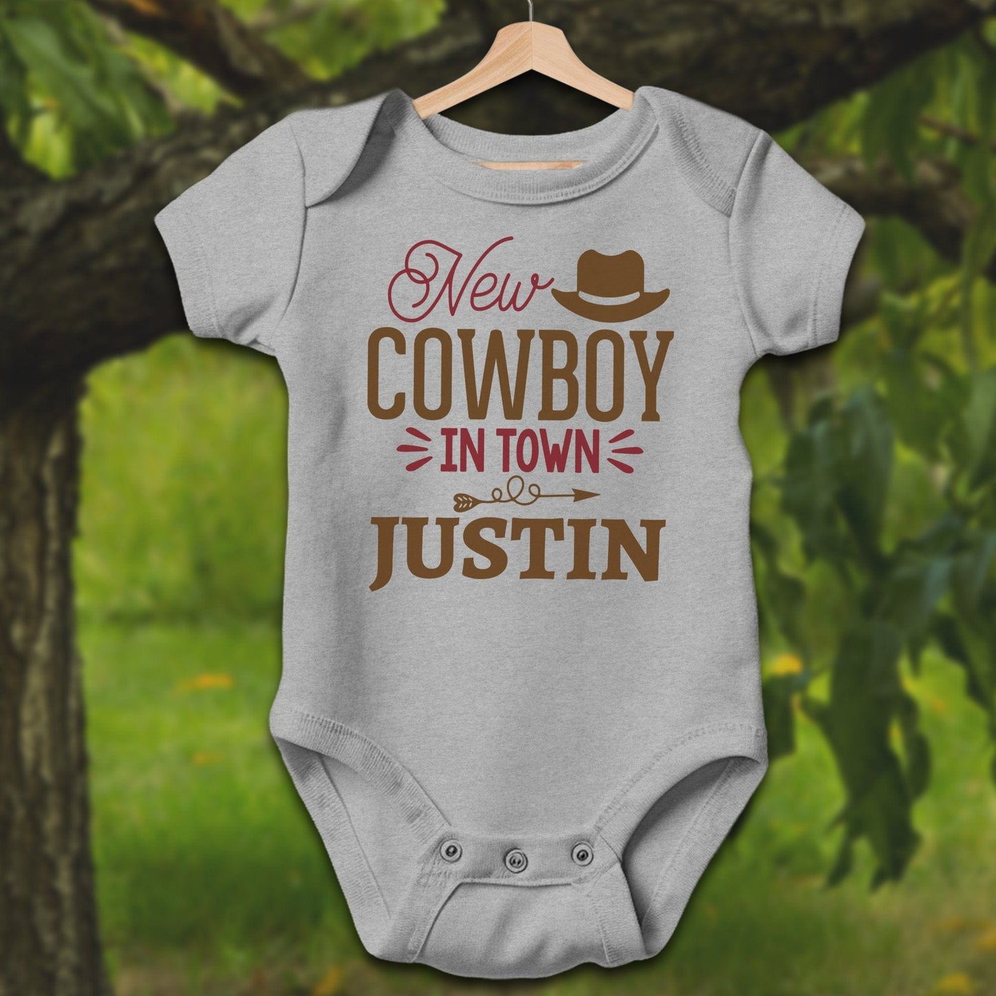 Baby Shirts Bodysuit Short Sleeve / Newborn / Heather Personalized New Cowboy In Town - Baby Shirt