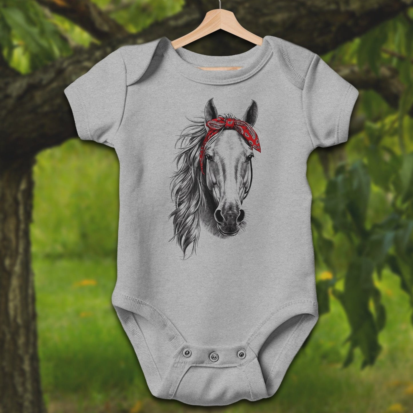 Baby Shirts Bodysuit Short Sleeve / Newborn / Heather Stylish Horse with Red Bandana - Baby Shirt