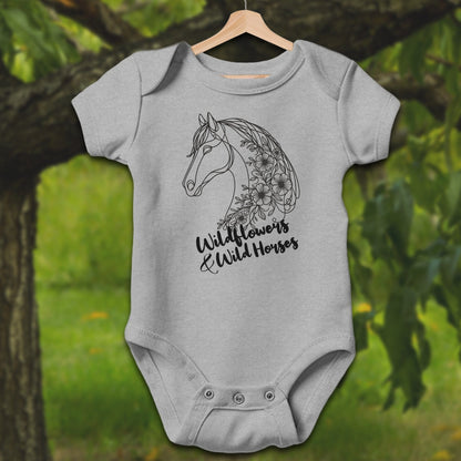 Baby Shirts Bodysuit Short Sleeve / Newborn / Heather Wildflowers And Wild Horses - Baby Shirt