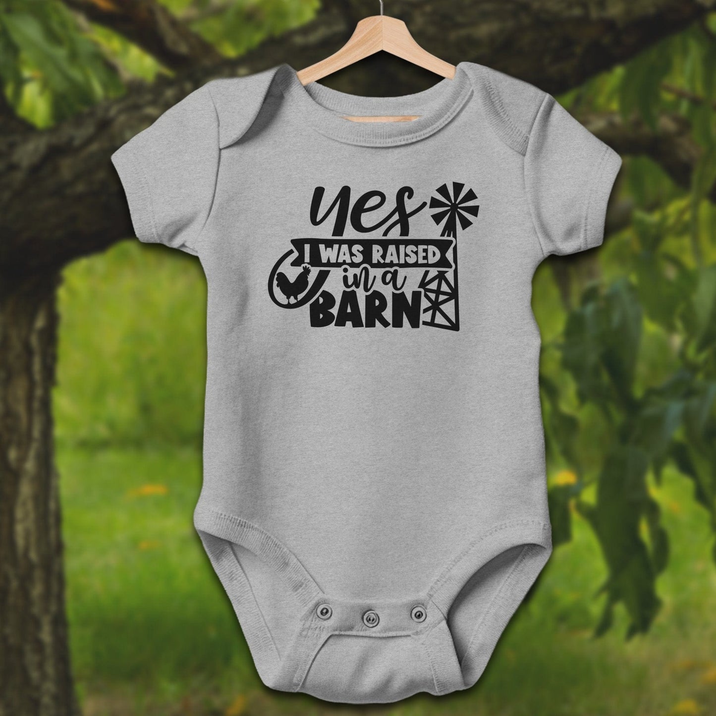 Baby Shirts Bodysuit Short Sleeve / Newborn / Heather Yes I Was Raised In A Barn - Baby Shirt