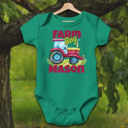 Baby Shirts Bodysuit Short Sleeve / Newborn / Kelly Personalized Farm Boy - Baby Shirt