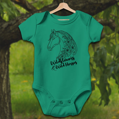 Baby Shirts Bodysuit Short Sleeve / Newborn / Kelly Wildflowers And Wild Horses - Baby Shirt