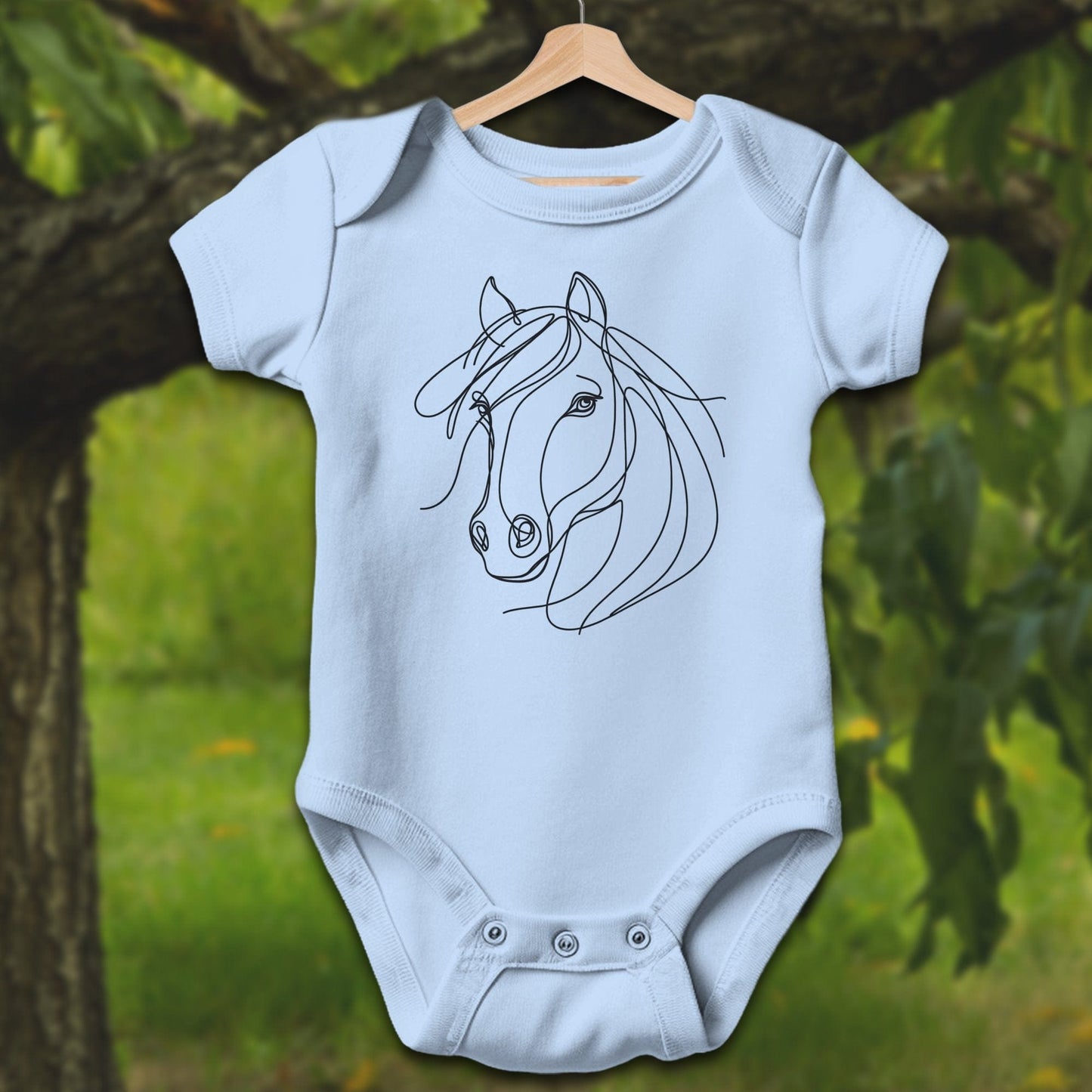 Baby Shirts Bodysuit Short Sleeve / Newborn / Light Blue Elegant Horse Line Art - Baby Shirt