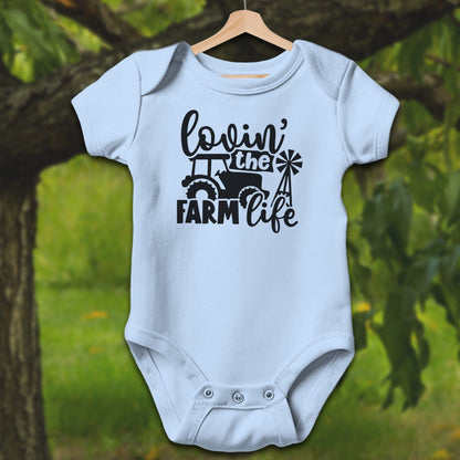 Baby Shirts Bodysuit Short Sleeve / Newborn / Light Blue Lovin the Farm Life Tractor - Baby Shirt