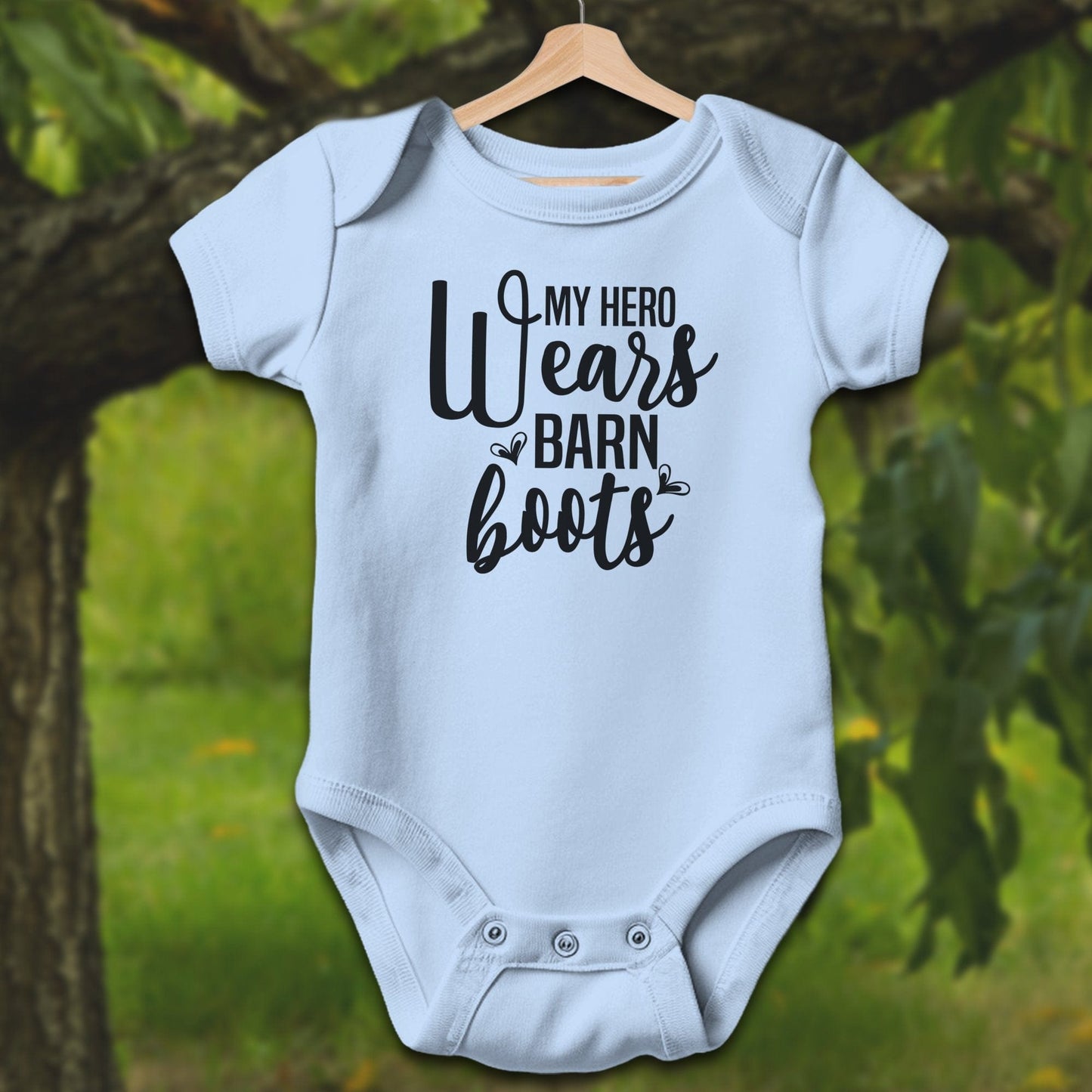 Baby Shirts Bodysuit Short Sleeve / Newborn / Light Blue My Hero Wears Barn Boots - Baby Shirt