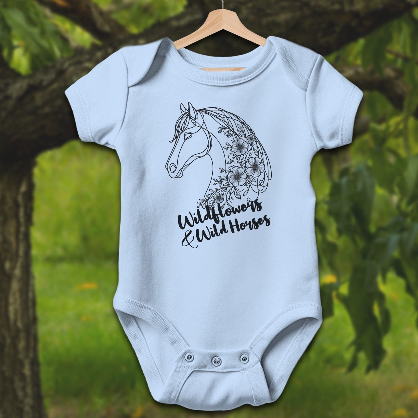 Baby Shirts Bodysuit Short Sleeve / Newborn / Light Blue Wildflowers And Wild Horses - Baby Shirt