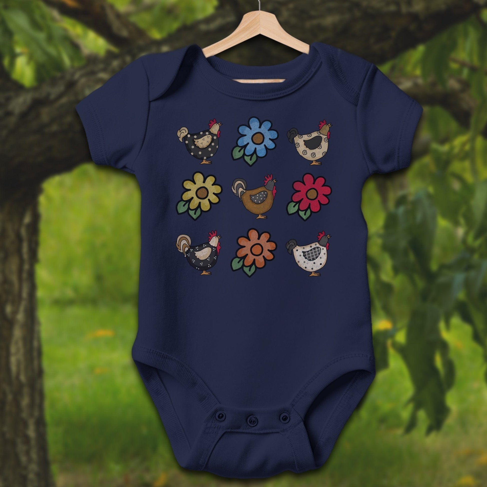 Baby Shirts Bodysuit Short Sleeve / Newborn / Navy Chickens and Flowers - Baby Shirt