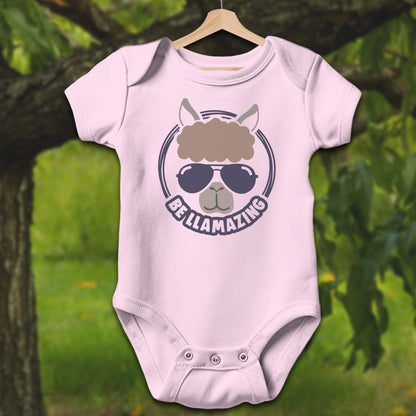 Baby Shirts Bodysuit Short Sleeve / Newborn / Pink Be Llamazing Cool Alpaca Illustration - Baby Shirt