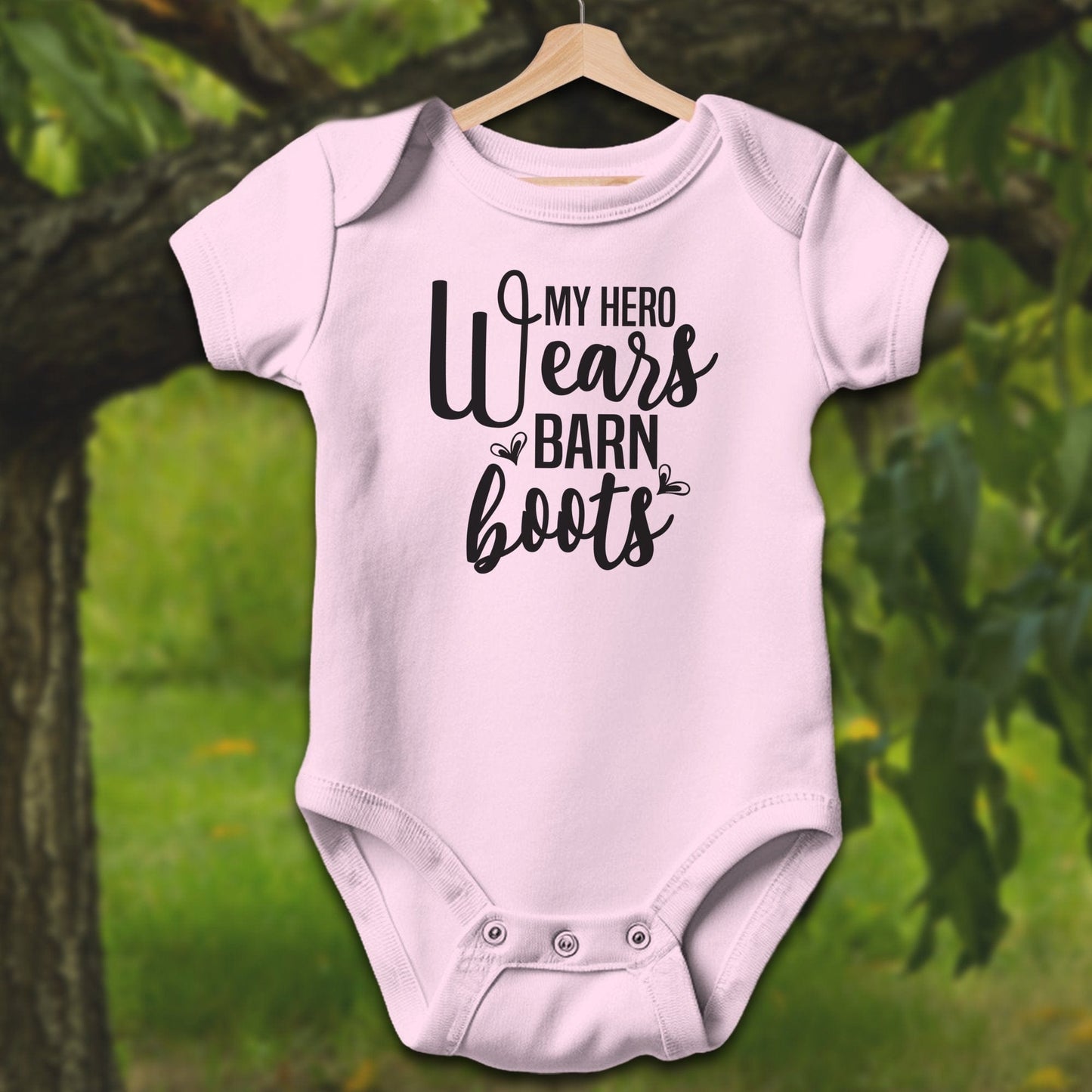 Baby Shirts Bodysuit Short Sleeve / Newborn / Pink My Hero Wears Barn Boots - Baby Shirt