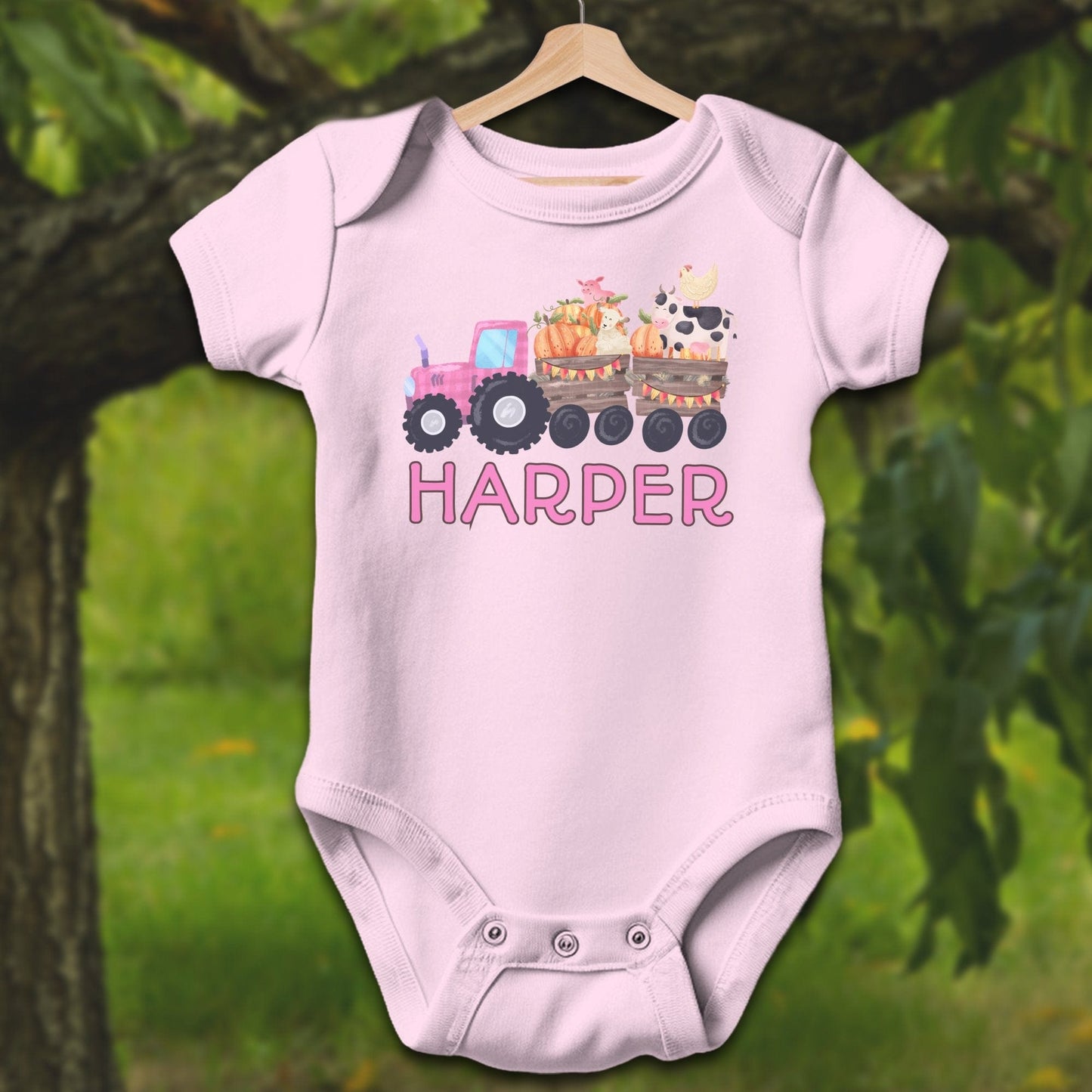 Baby Shirts Bodysuit Short Sleeve / Newborn / Pink Personalized Cute Pink Tractor - Baby Shirt