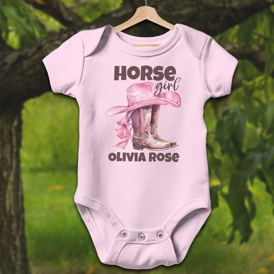 Baby Shirts Bodysuit Short Sleeve / Newborn / Pink Personalized Horse Girl - Baby Shirt