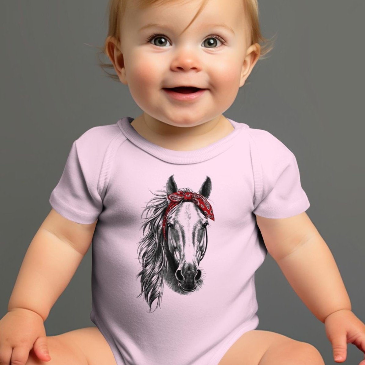 Baby Shirts Bodysuit Short Sleeve / Newborn / Pink Stylish Horse with Red Bandana - Baby Shirt