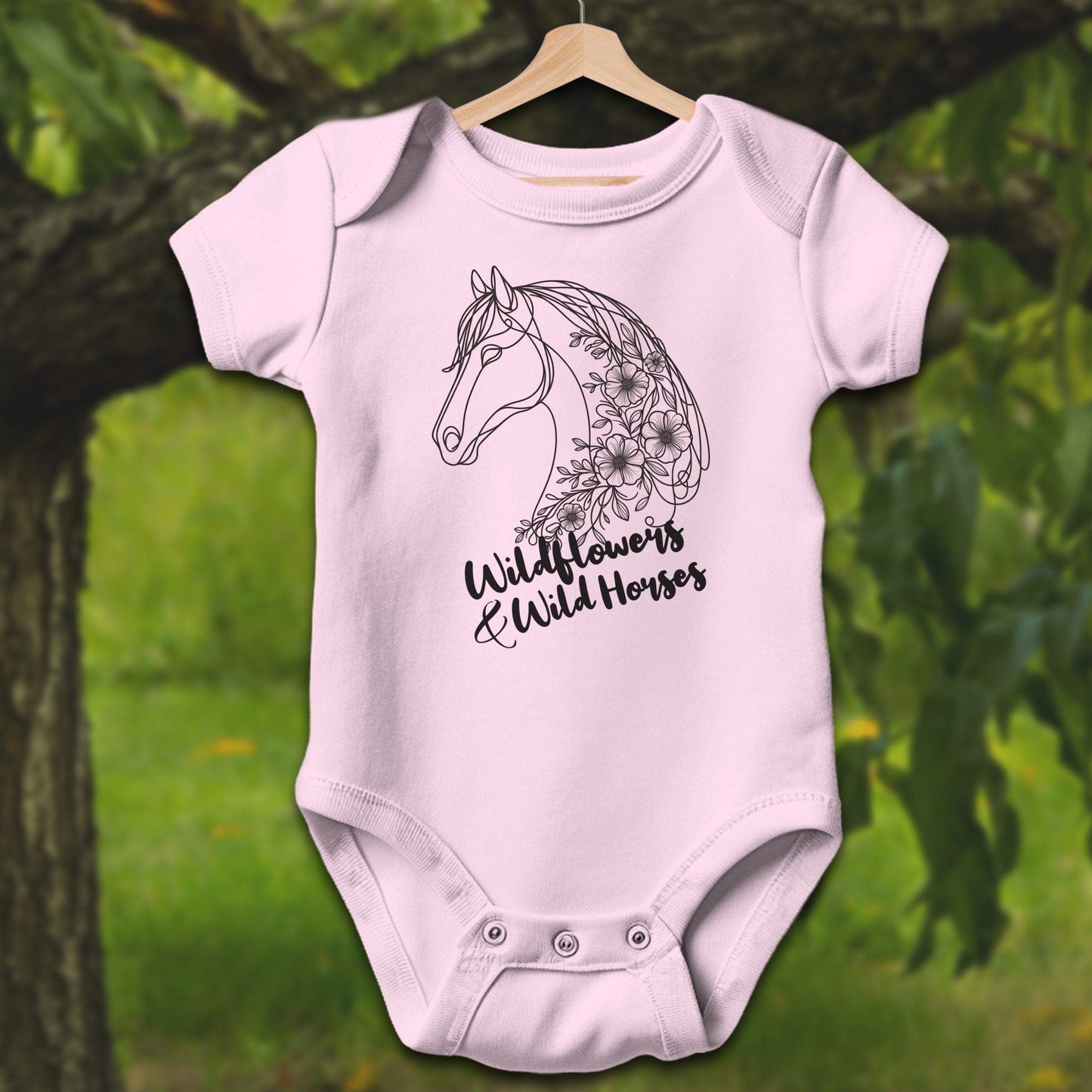 Baby Shirts Bodysuit Short Sleeve / Newborn / Pink Wildflowers And Wild Horses - Baby Shirt