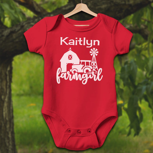 Baby Shirts Bodysuit Short Sleeve / Newborn / Red Personalized Farm Girl - Baby Shirt