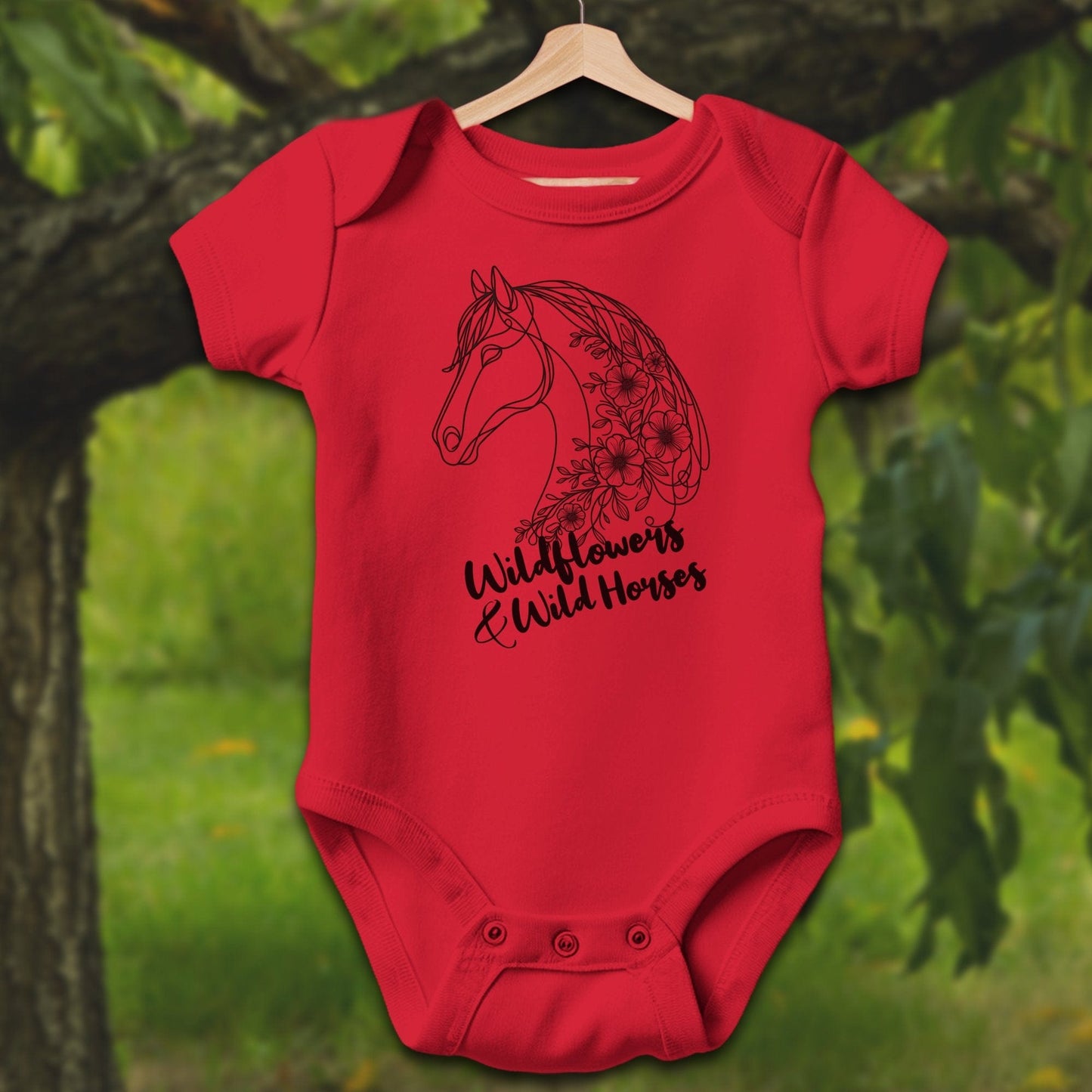 Baby Shirts Bodysuit Short Sleeve / Newborn / Red Wildflowers And Wild Horses - Baby Shirt