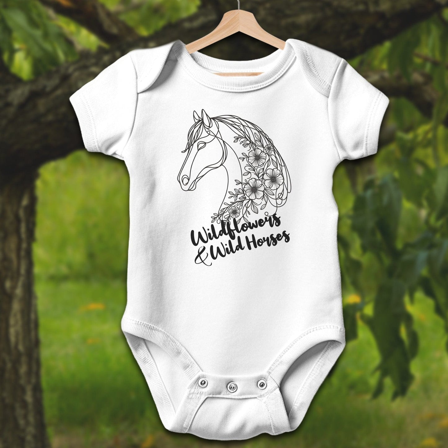 Baby Shirts Bodysuit Short Sleeve / Newborn / White Wildflowers And Wild Horses - Baby Shirt