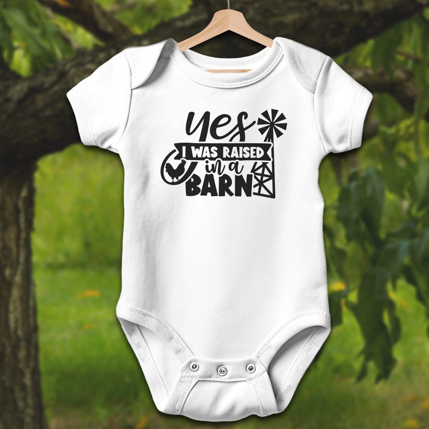 Baby Shirts Bodysuit Short Sleeve / Newborn / White Yes I Was Raised In A Barn - Baby Shirt