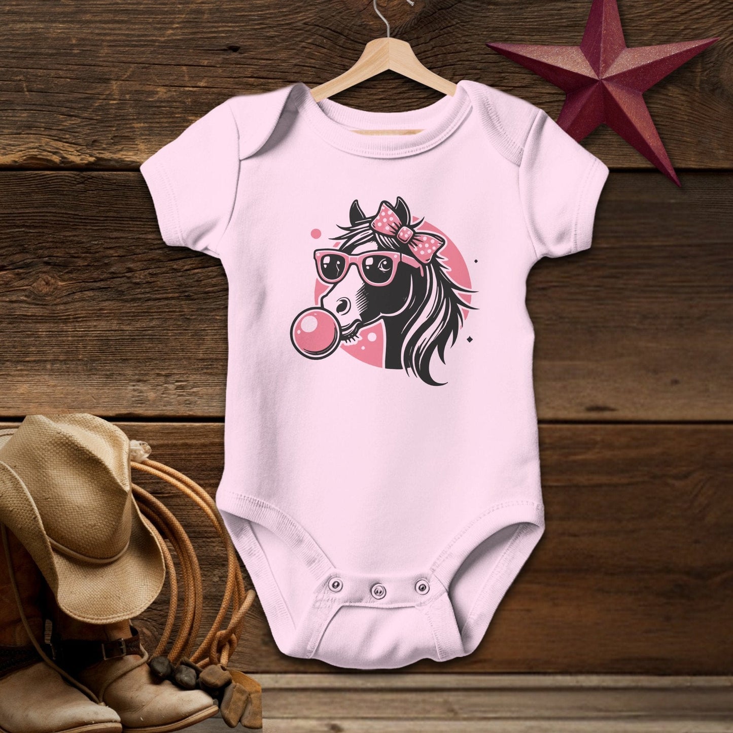 Baby Shirts Bodysuit Short Sleeve / Pink / Newborn Bubble Gum Horse Shirt