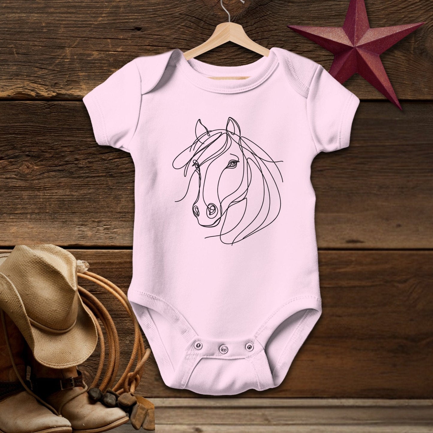 Baby Shirts Bodysuit Short Sleeve / Pink / Newborn Elegant Horse Line Art - Baby Shirt Shirt