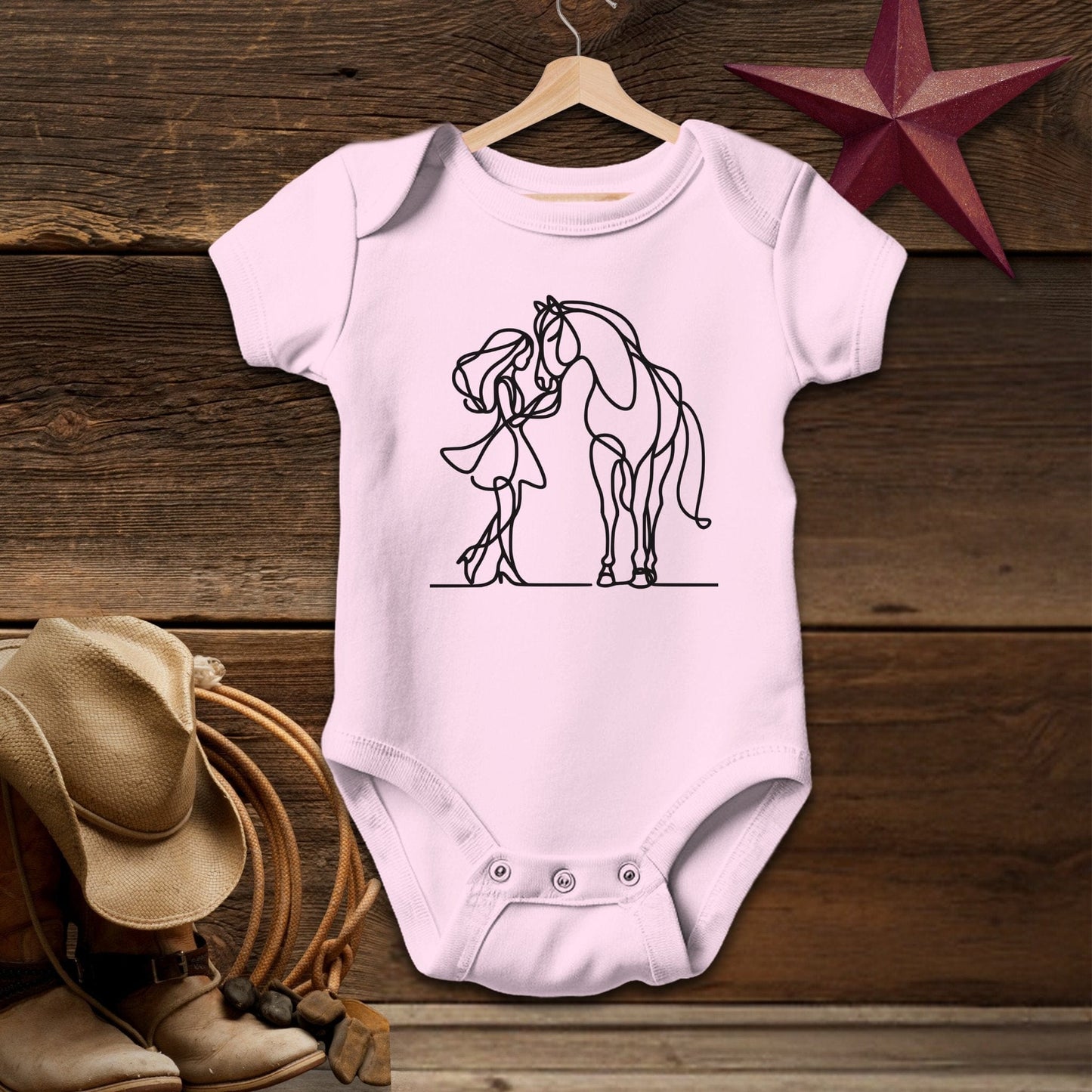 Baby Shirts Bodysuit Short Sleeve / Pink / Newborn Lady and Horse Art - Baby Shirt