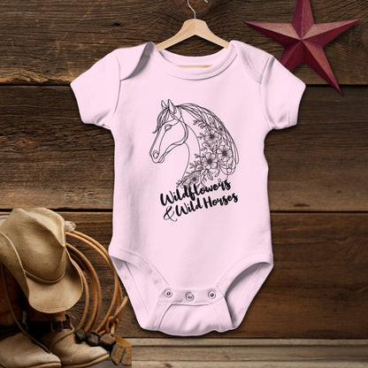 Baby Shirts Bodysuit Short Sleeve / Pink / Newborn Wildflowers And Wild Horses - Baby Shirt