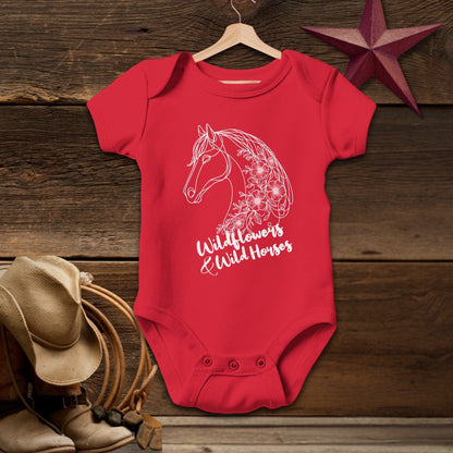 Baby Shirts Bodysuit Short Sleeve / Red / Newborn Wildflowers And Wild Horses - Baby Shirt