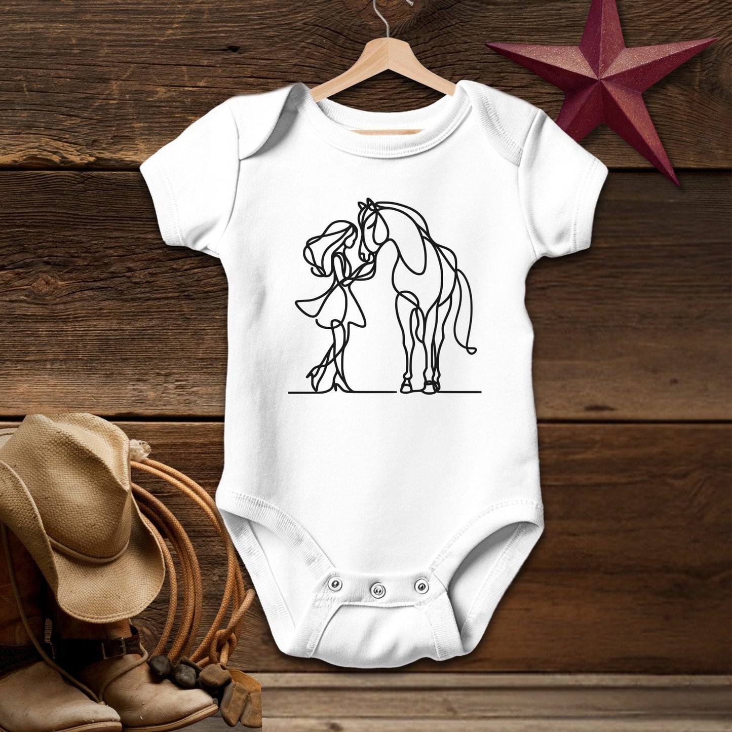 Baby Shirts Bodysuit Short Sleeve / White / Newborn Lady and Horse Art - Baby Shirt