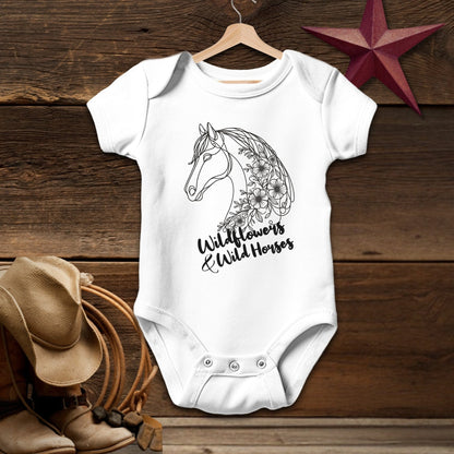 Baby Shirts Bodysuit Short Sleeve / White / Newborn Wildflowers And Wild Horses - Baby Shirt