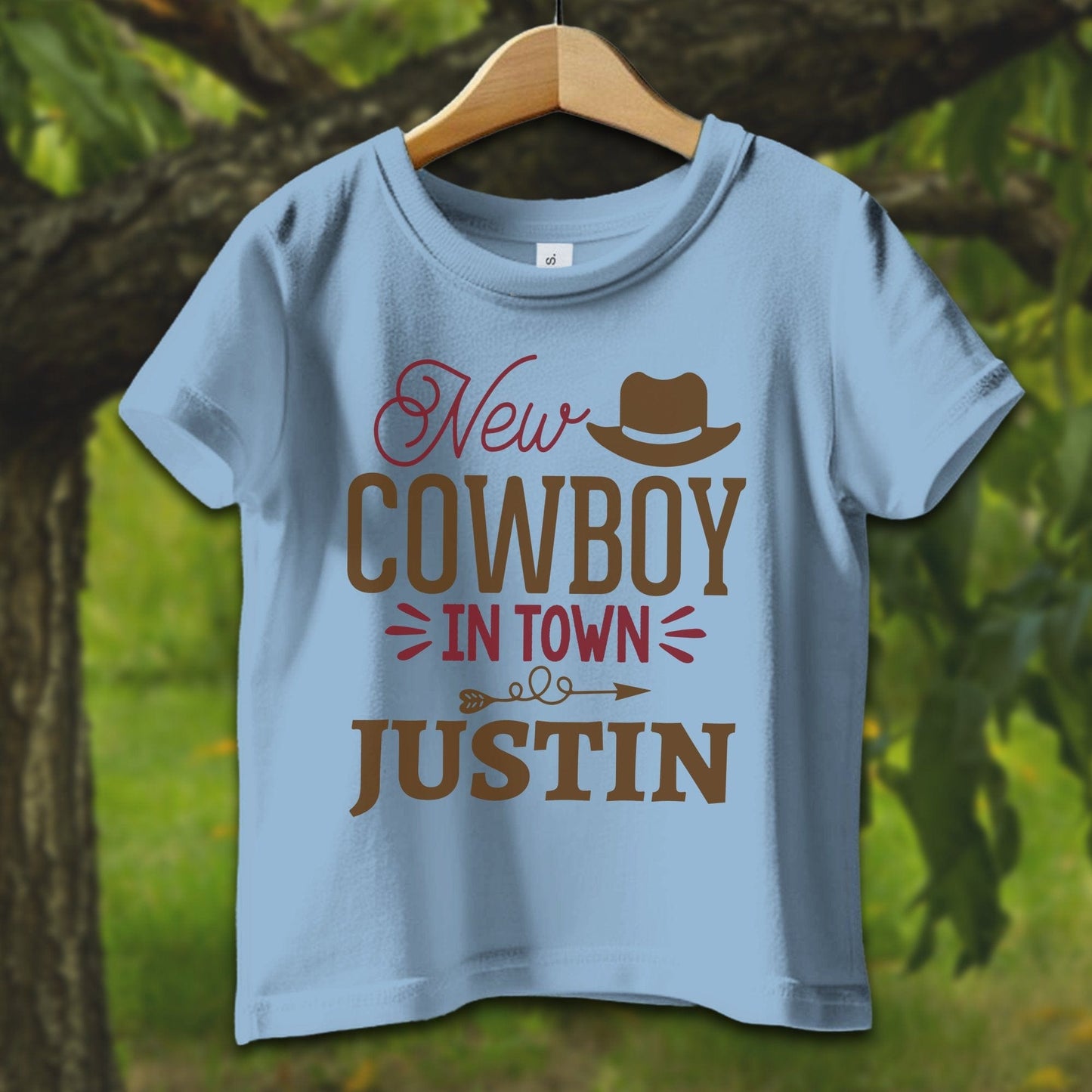 Baby Shirts T-Shirt Infant / 6 Months / Light Blue Personalized New Cowboy In Town - Baby Shirt