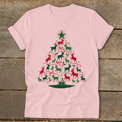 Pink t-shirt with a Christmas tree made of red and green goats and bows.