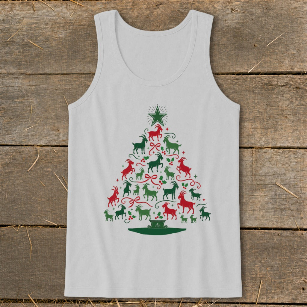 White tank top with a Christmas tree made of red and green goats.