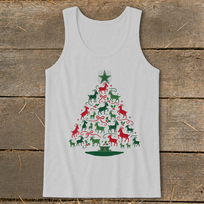 White tank top with a Christmas tree made of red and green goats.