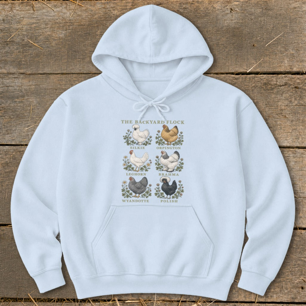 Light blue hoodie with "The Backyard Flock" print of six chicken breeds.