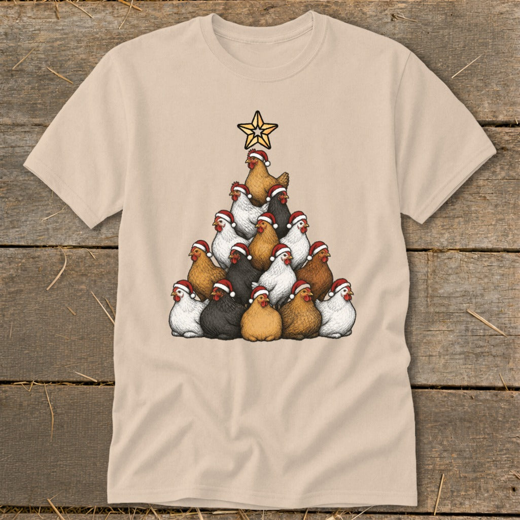 Chickens wearing Santa hats form a Christmas tree with a star on a tan shirt.