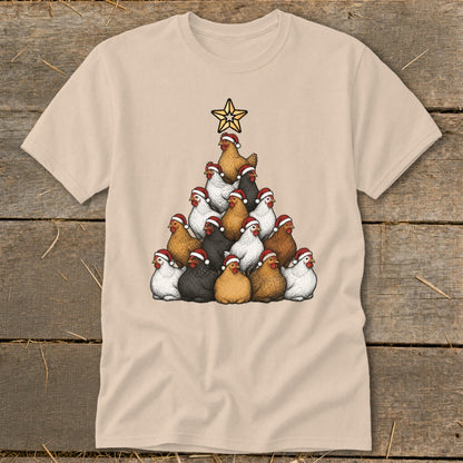 Chickens wearing Santa hats form a Christmas tree with a star on a tan shirt.