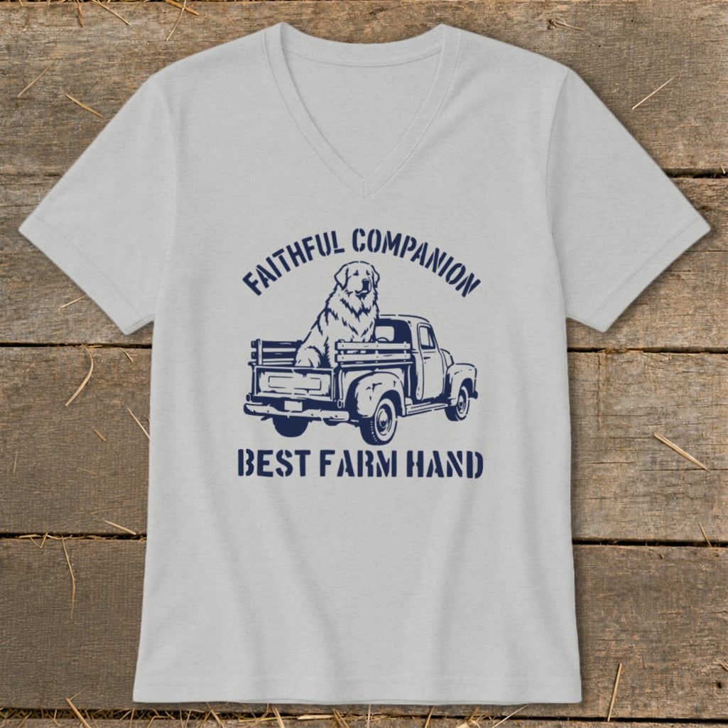 T-shirt graphic of a dog in a truck with text "Faithful Companion" and "Best Farm Hand".
